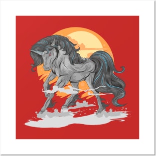 horse black unicorn with sun background Posters and Art